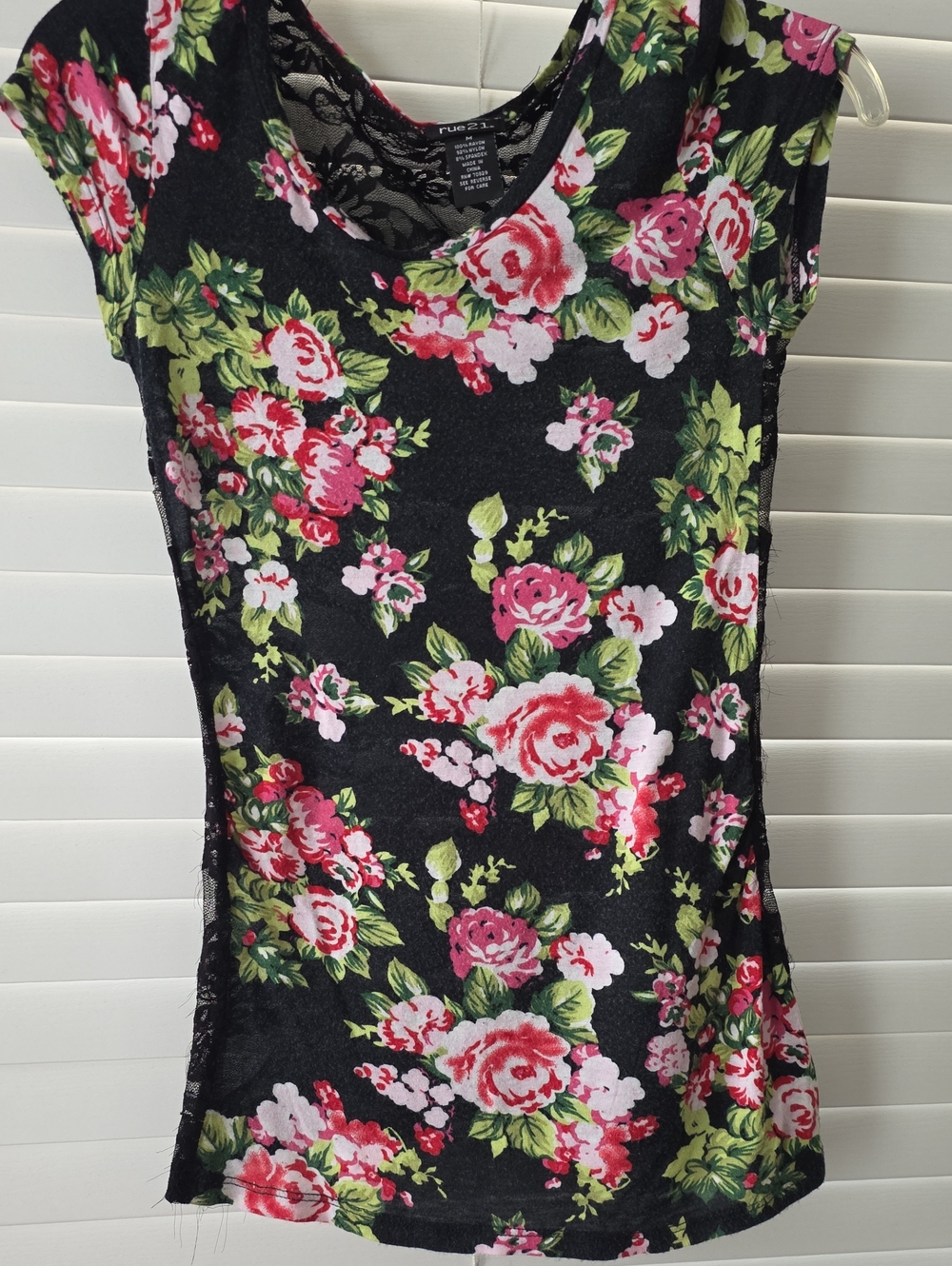 Rue21 Black Tank Top with Pink & Green Floral Print